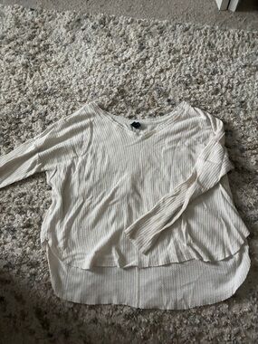 Light Cream Waffle Knit V-Neck Women's Top